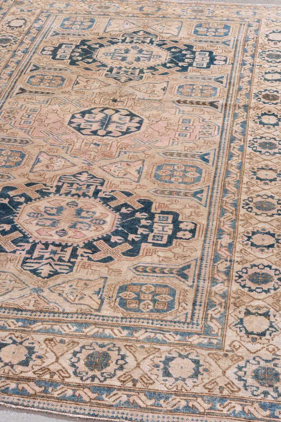 4' x 6' one-of-a-kind handmade antique Ardebil small size rug. Color palette: ivory, faded blue, taupe, blush, charcoal