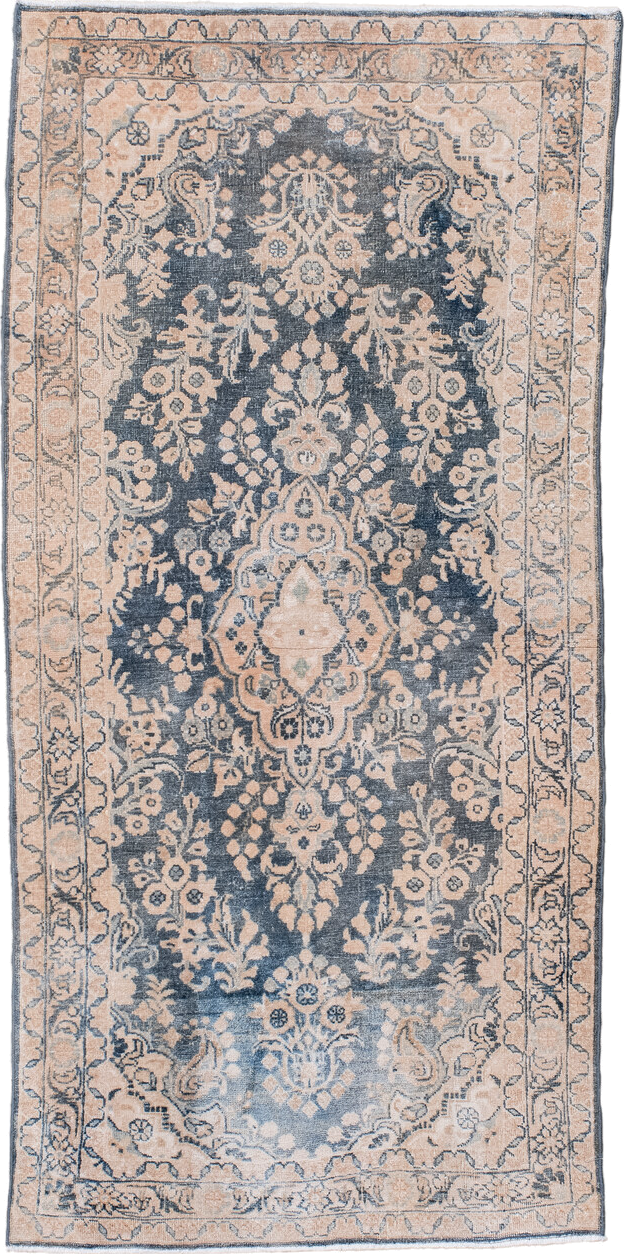 2' x 5' one-of-a-kind handmade antique Sarouk small size rug. Color palette: blush, slate, ivory, taupe, charcoal, pink