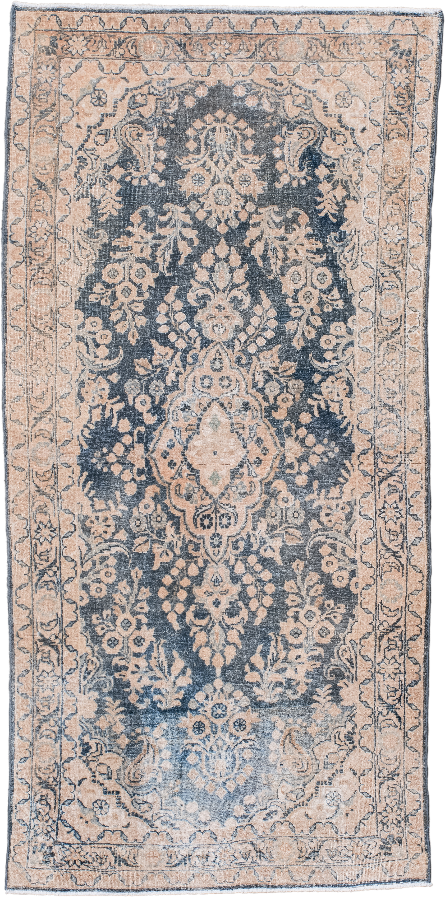 2' x 5' one-of-a-kind handmade antique Sarouk small size rug. Color palette: blush, slate, ivory, taupe, charcoal, pink