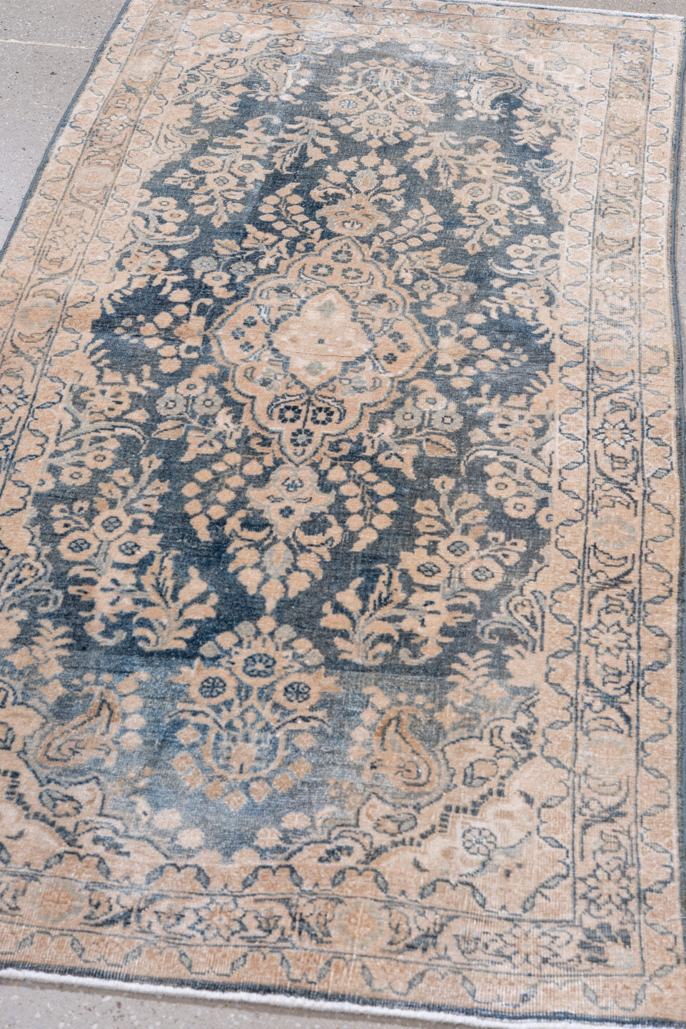 2' x 5' one-of-a-kind handmade vintage Sarouk small size rug. Color palette: blue, brown, dark gray, dim gray, gray