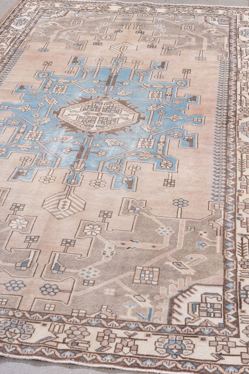 5' x 8' one-of-a-kind handmade antique Hamadan medium size rug. Color palette: taupe, ivory, sky blue, blush, brown, camel