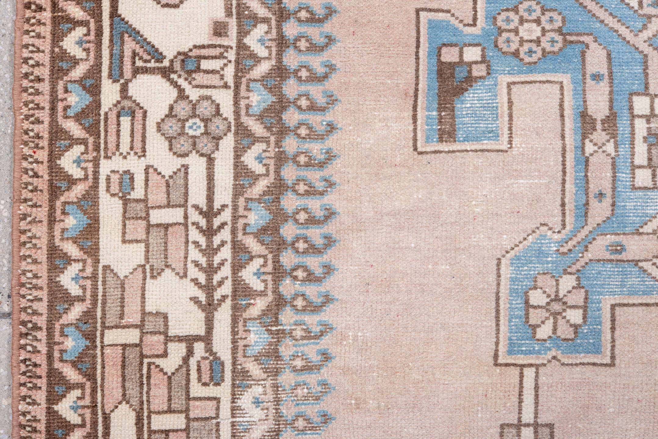 5' x 8' one-of-a-kind handmade antique Hamadan medium size rug. Color palette: taupe, ivory, sky blue, blush, brown, camel