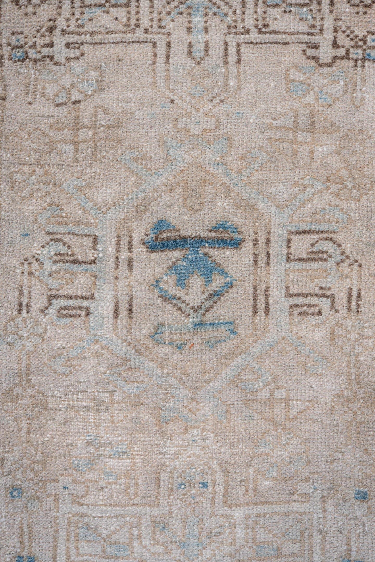 2' x 8' one-of-a-kind handmade vintage Karaje runner rug. Color palette: ivory, taupe, sky_blue, beige, slate_blue, camel