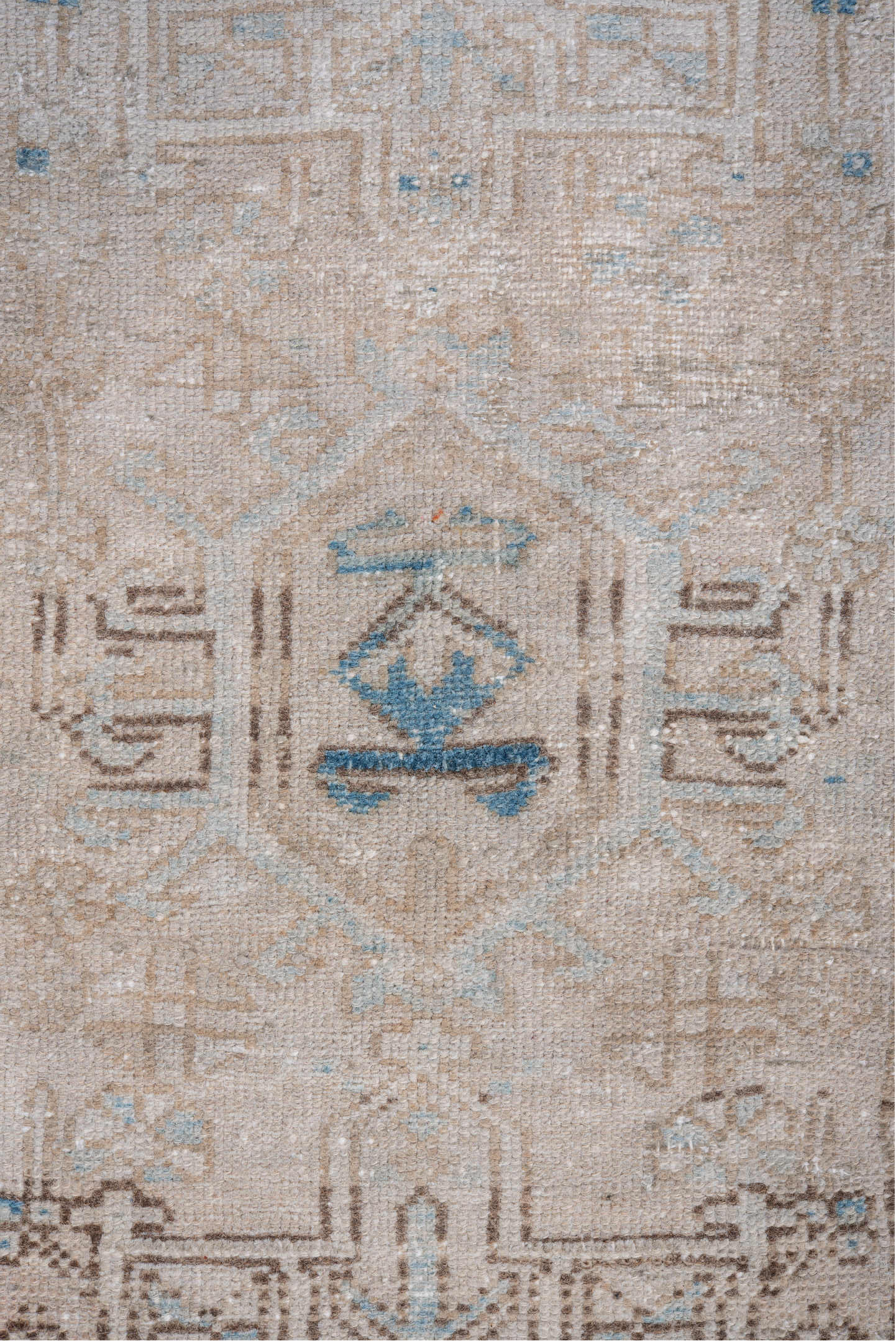 2' x 8' one-of-a-kind handmade vintage Karaje runner rug. Color palette: ivory, taupe, sky_blue, beige, slate_blue, camel