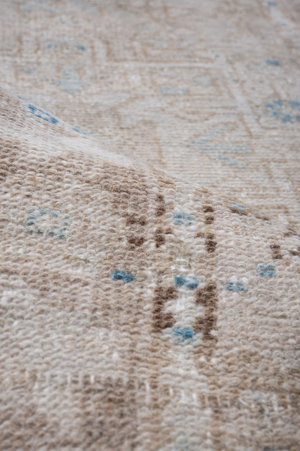 2' x 8' one-of-a-kind handmade vintage Karaje runner rug. Color palette: ivory, taupe, sky_blue, beige, slate_blue, camel