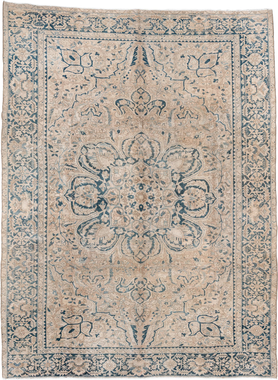 9' x 13' one-of-a-kind handmade vintage Heriz large size rug. Color palette: ivory, soft blue, slate, taupe, beige