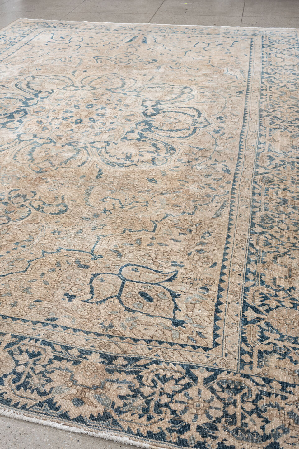 9' x 13' one-of-a-kind handmade vintage Heriz large size rug. Color palette: ivory, soft blue, slate, taupe, beige