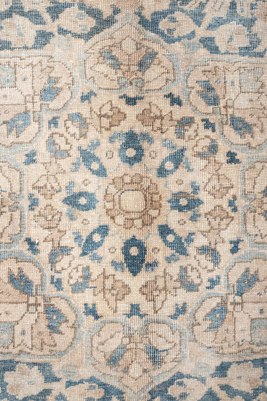 9' x 13' one-of-a-kind handmade vintage Heriz large size rug. Color palette: ivory, soft blue, slate, taupe, beige