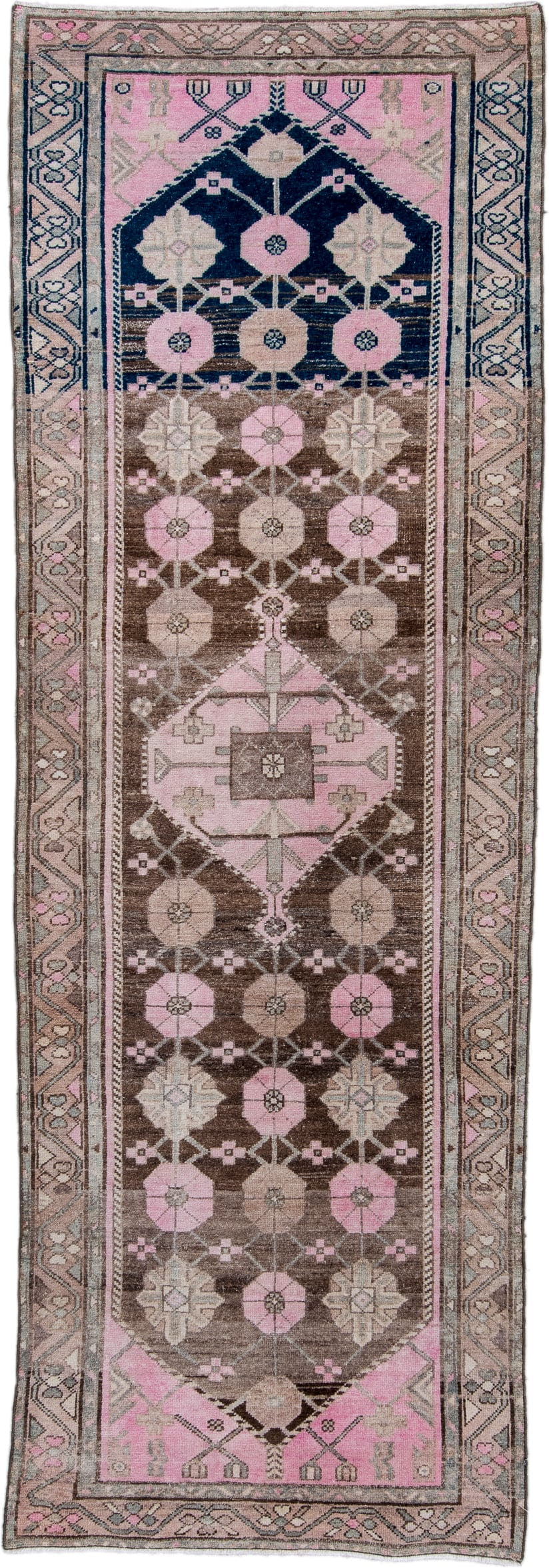 3' x 9' one-of-a-kind handmade antique Hamadan runner rug. Color palette: brown, pink, ivory, taupe, navy, gray, beige, blue