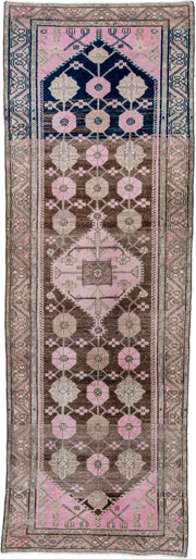 3' x 9' one-of-a-kind handmade antique Hamadan runner rug. Color palette: brown, pink, ivory, taupe, navy, gray, beige, blue