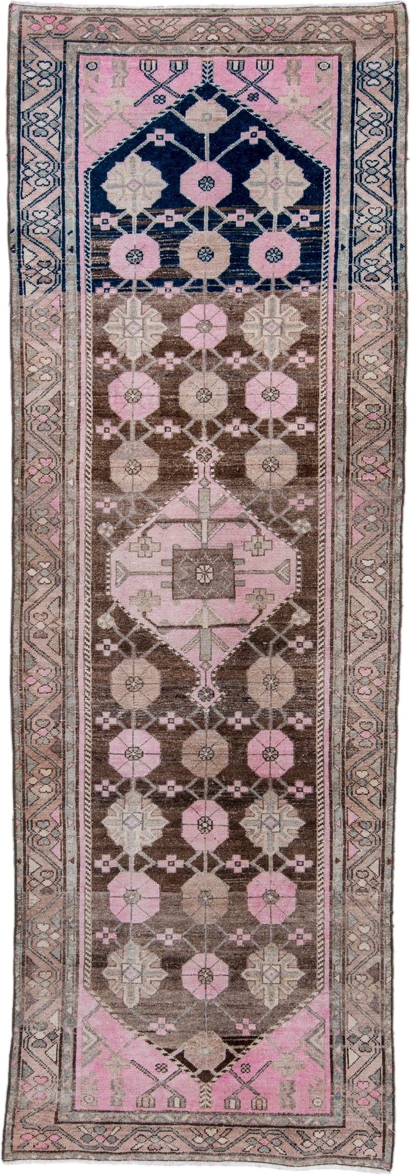 3' x 9' one-of-a-kind handmade antique Hamadan runner rug. Color palette: brown, pink, ivory, taupe, navy, gray, beige, blue