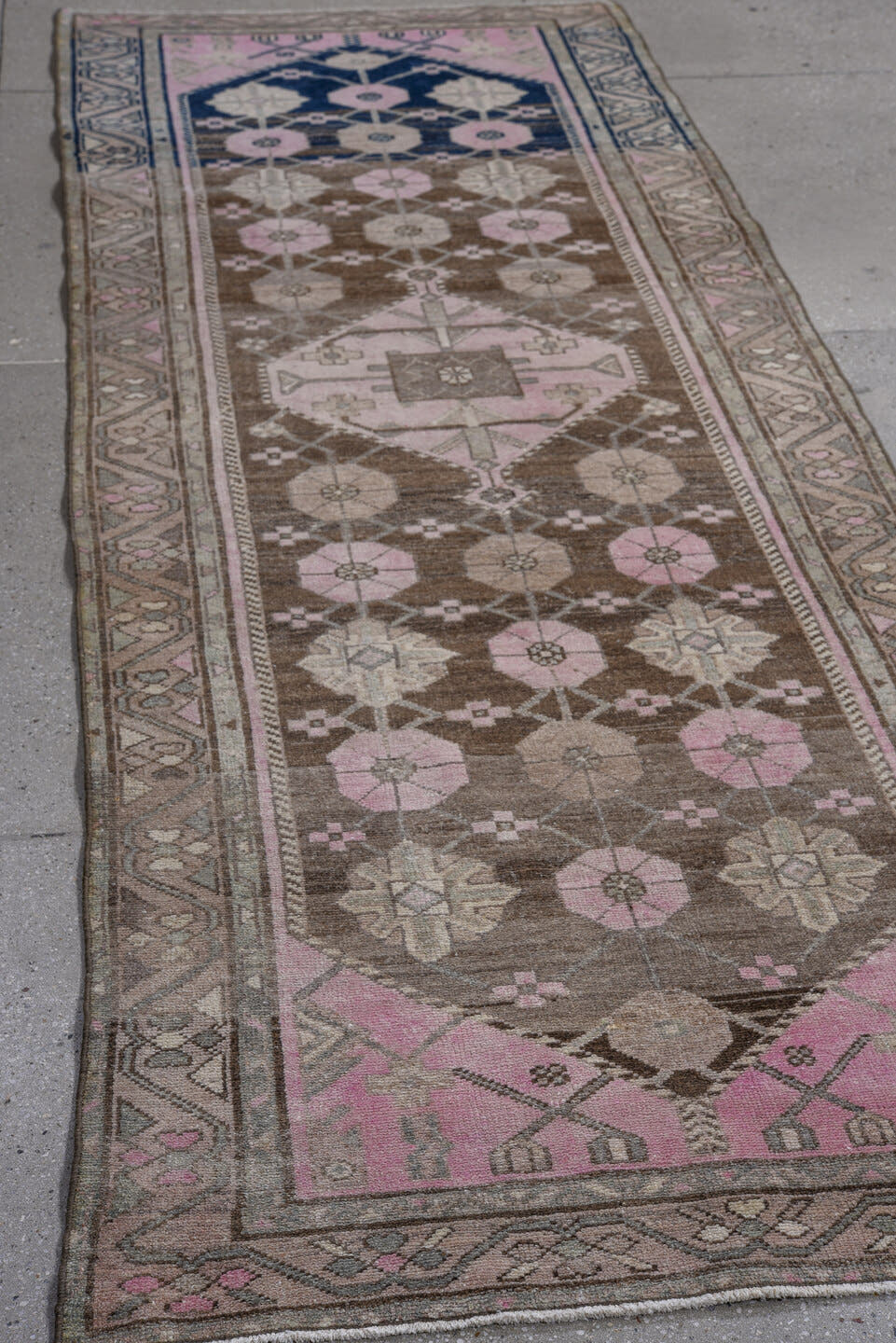 3' x 9' one-of-a-kind handmade antique Hamadan runner rug. Color palette: brown, pink, ivory, taupe, navy, gray, beige, blue