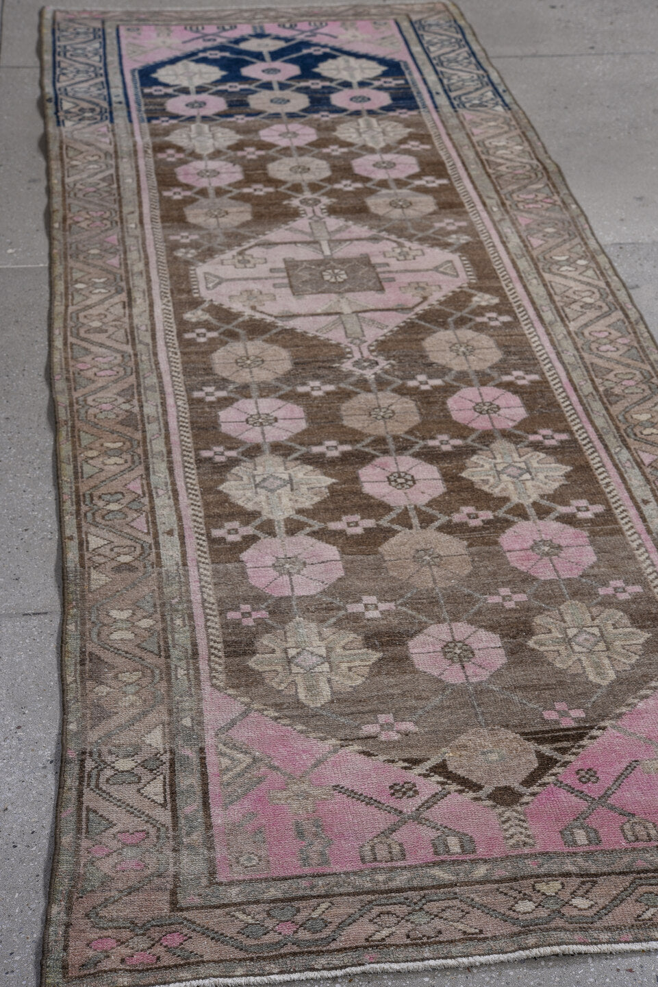 3' x 9' one-of-a-kind handmade vintage Hamadan runner rug. Color palette: blue, brown, dim gray, fiord, gray, light gray