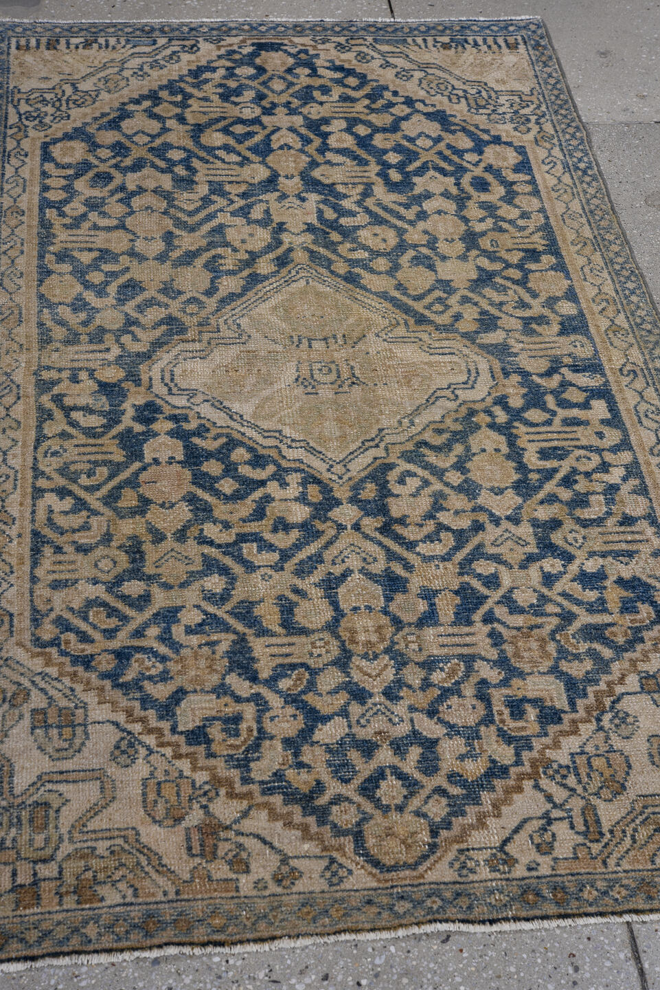 2' x 5' one-of-a-kind handmade vintage Hamadan small size rug. Color palette: arapawa, blue, brown, dark gray, dim gray