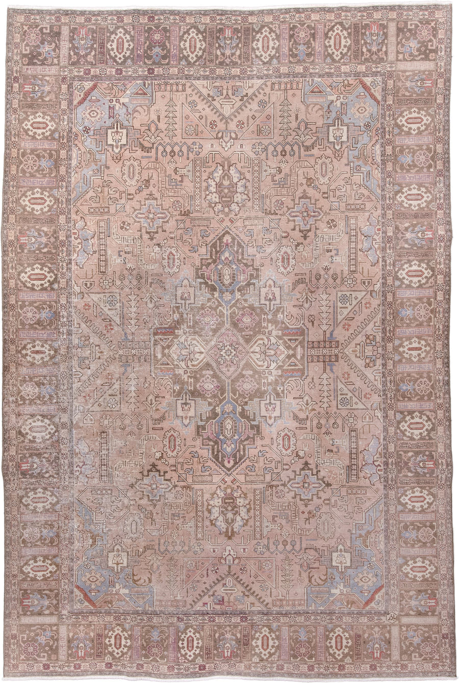 7' x 11' one-of-a-kind handmade antique Heriz large size rug. Color palette: taupe, rose, dusty blue, ivory, brown