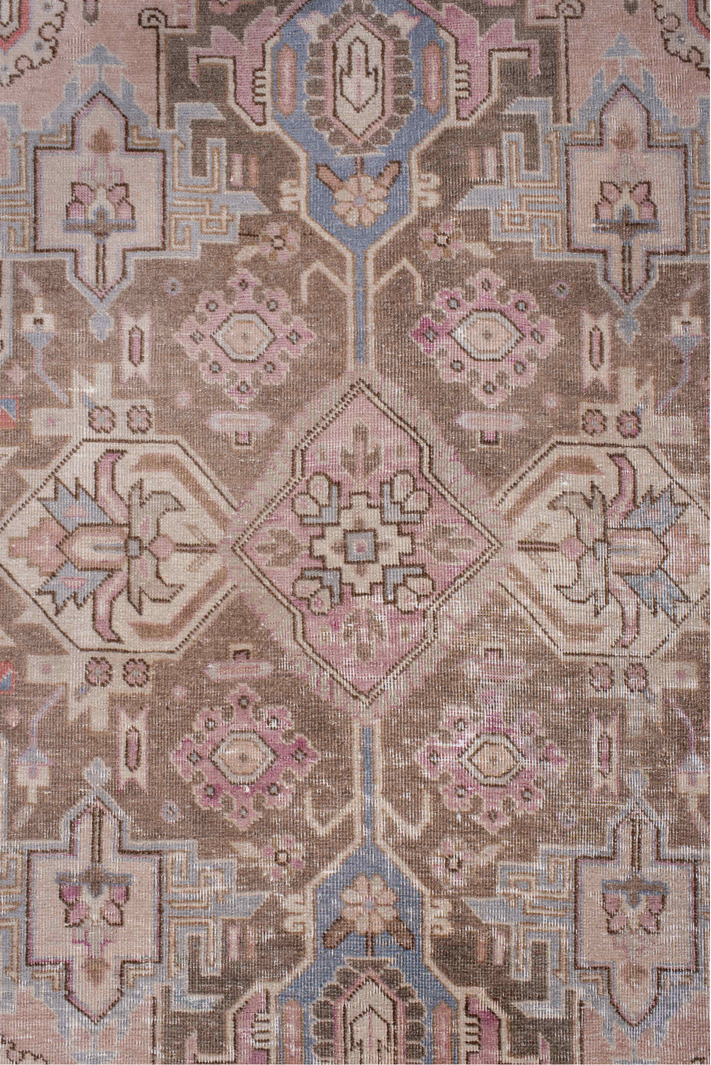 7' x 11' one-of-a-kind handmade antique Heriz large size rug. Color palette: taupe, rose, dusty blue, ivory, brown