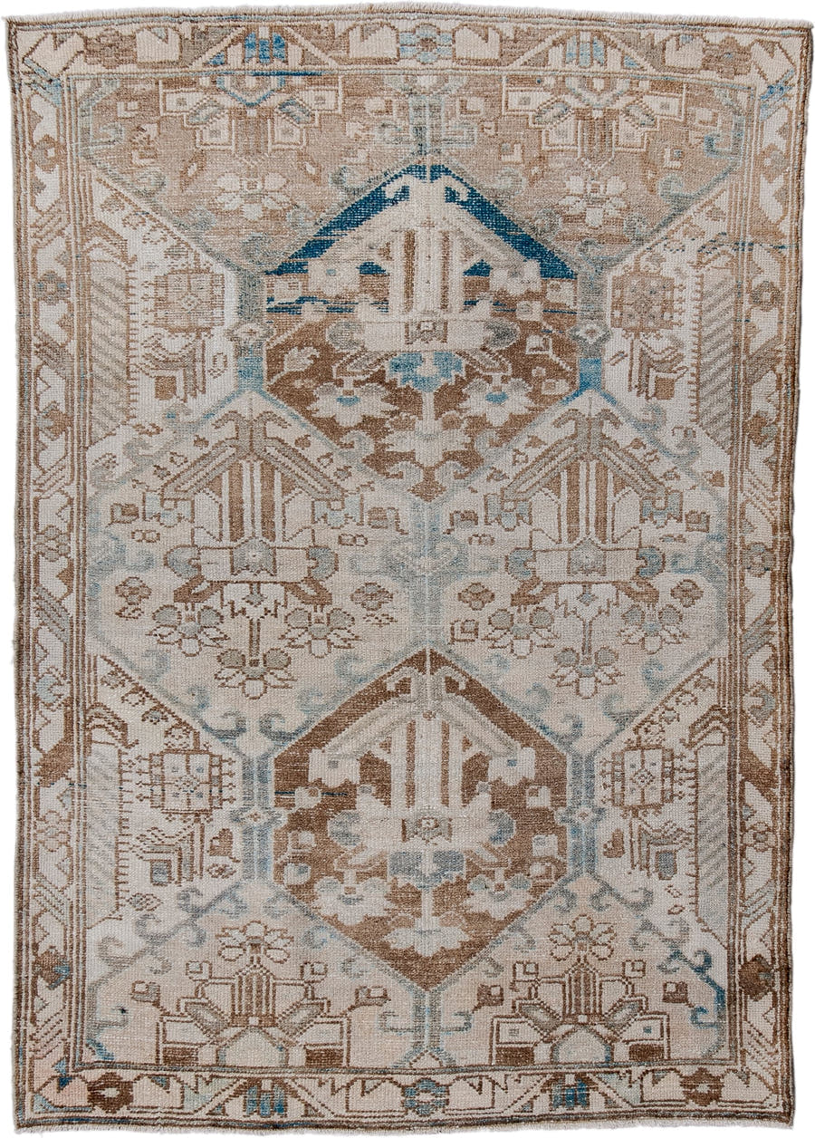 3' x 4' one-of-a-kind handmade antique Baktiary small size rug. Color palette: ivory, camel, taupe, pale blue, brown
