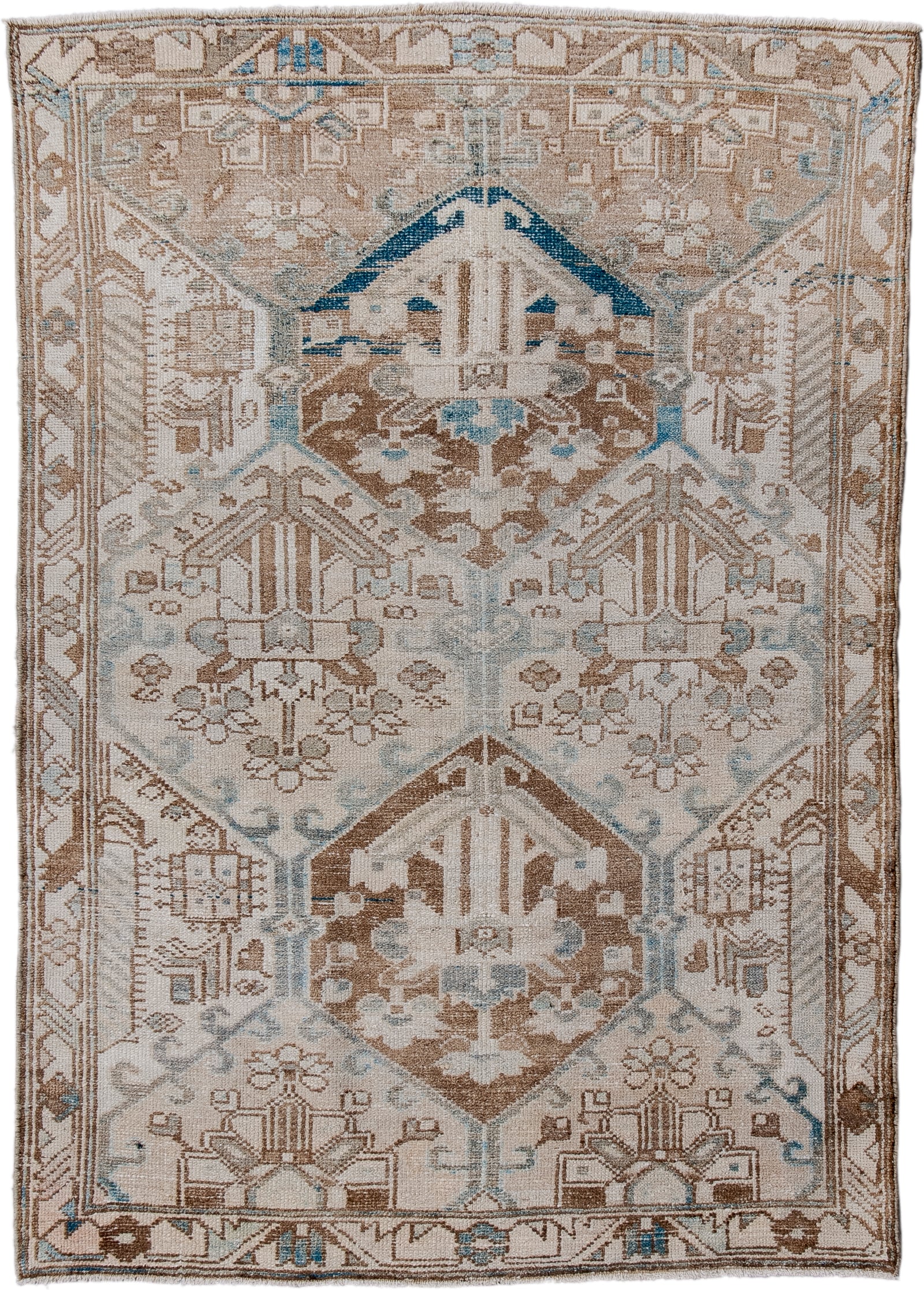 3' x 4' one-of-a-kind handmade antique Baktiary small size rug. Color palette: ivory, camel, taupe, pale blue, brown