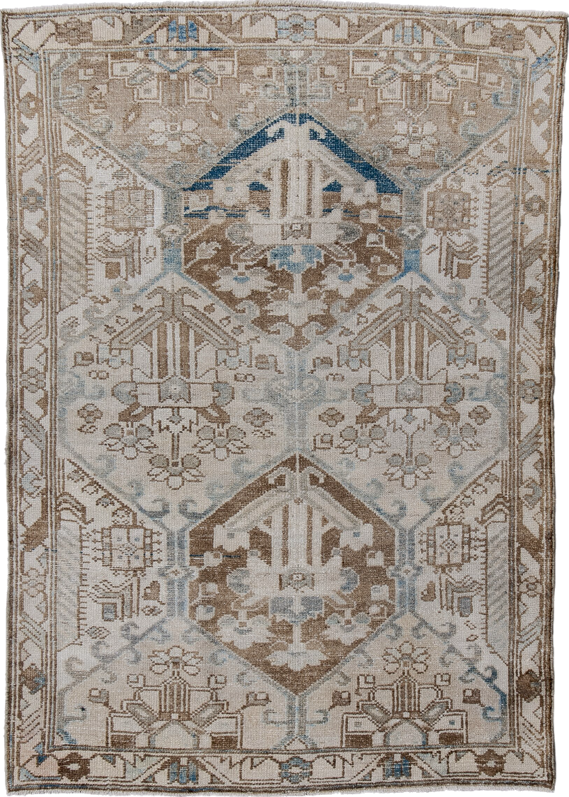 3' x 4' one-of-a-kind handmade vintage Baktiary small size rug. Color palette: blue, brown, gray, light gray