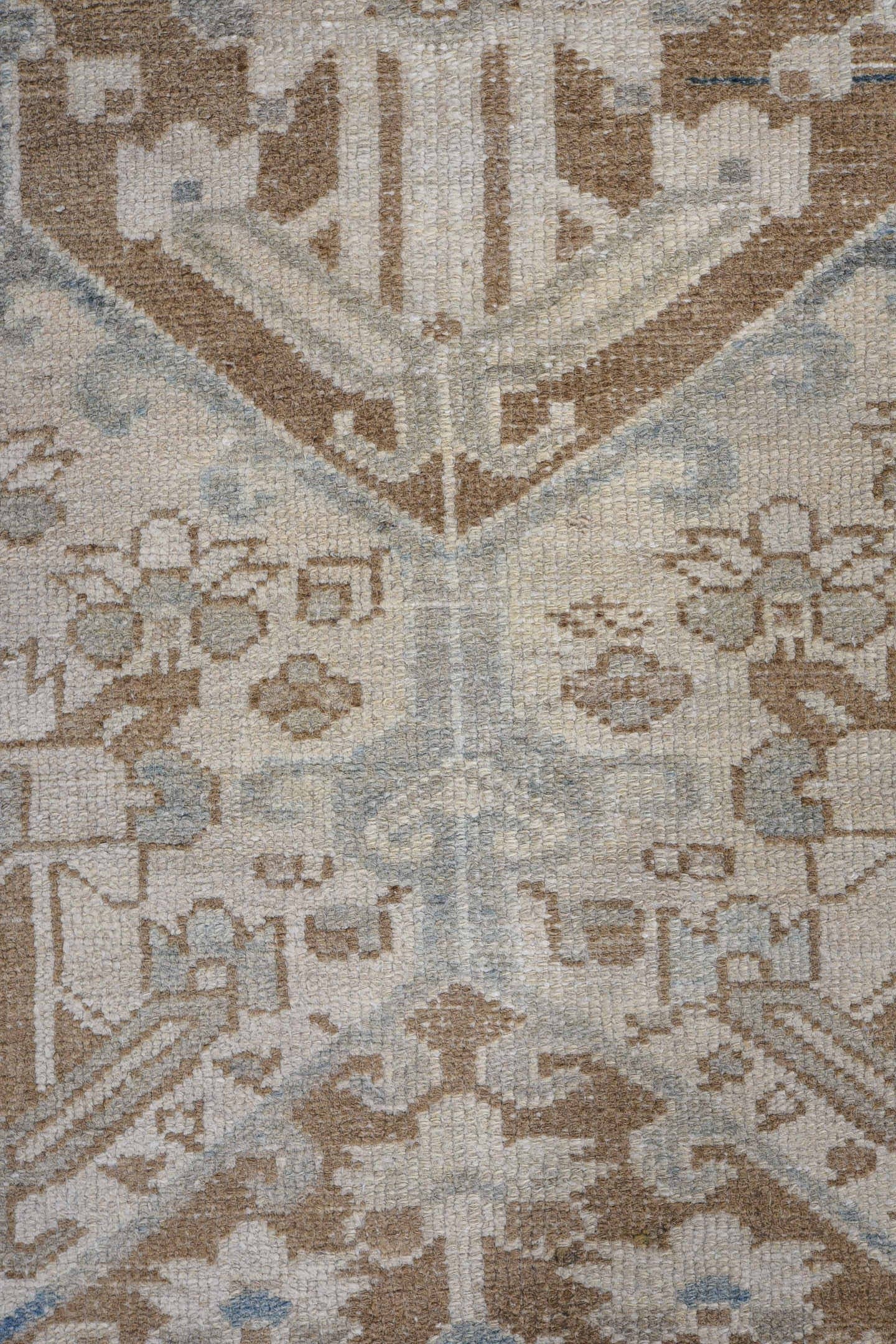3' x 4' one-of-a-kind handmade antique Baktiary small size rug. Color palette: ivory, camel, taupe, pale blue, brown