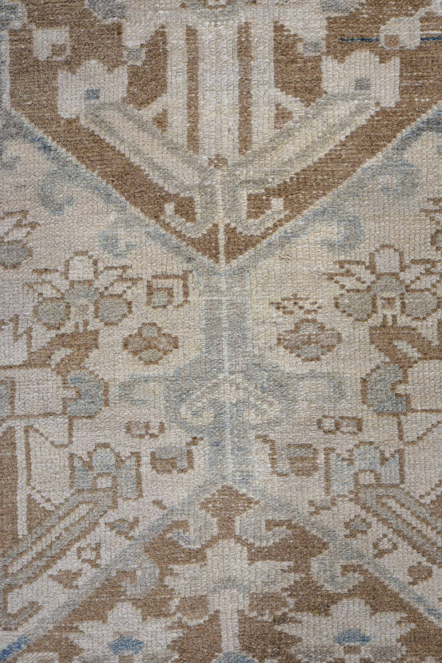 3' x 4' one-of-a-kind handmade antique Baktiary small size rug. Color palette: ivory, camel, taupe, pale blue, brown