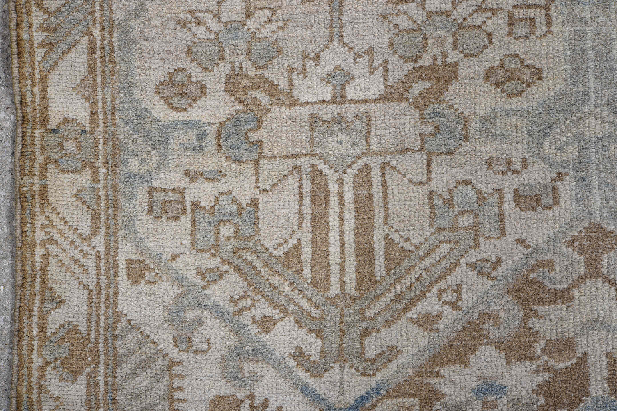 3' x 4' one-of-a-kind handmade antique Baktiary small size rug. Color palette: ivory, camel, taupe, pale blue, brown