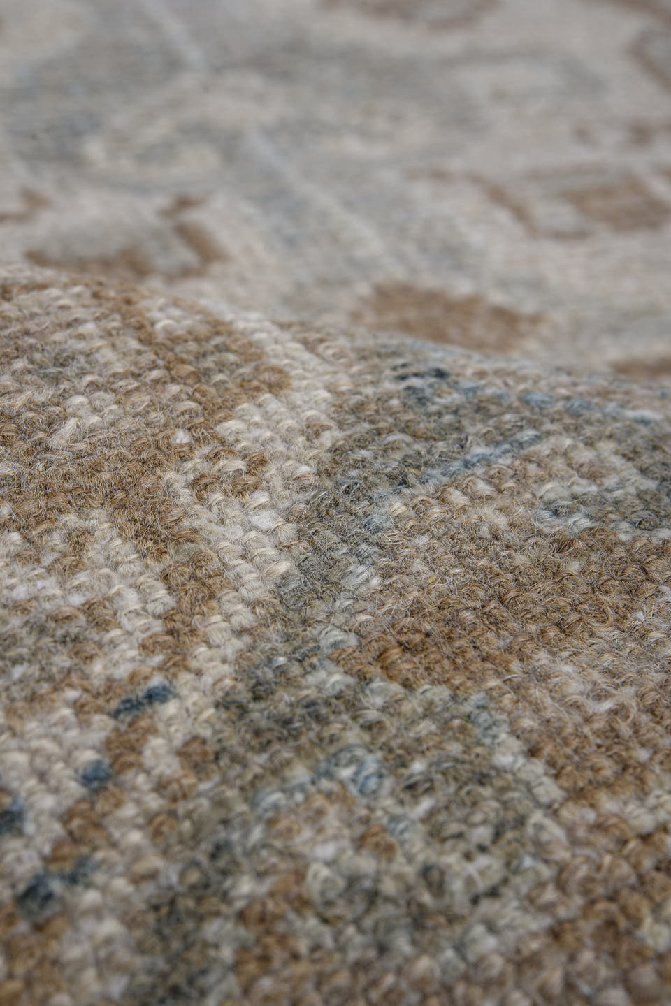 3' x 4' one-of-a-kind handmade antique Baktiary small size rug. Color palette: ivory, camel, taupe, pale blue, brown