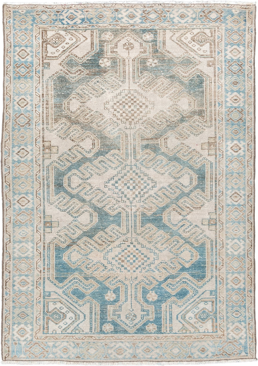 3' x 4' one-of-a-kind handmade antique Malayer small size rug. Color palette: ivory, sky blue, taupe, beige, camel