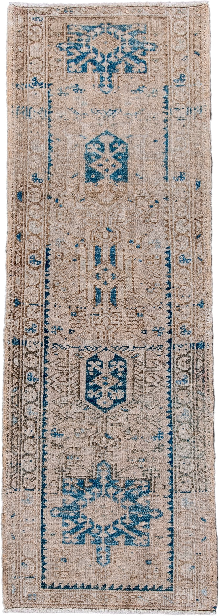 1' x 5' one-of-a-kind handmade antique Karaje small size rug. Color palette: ivory, beige, sky blue, taupe, camel