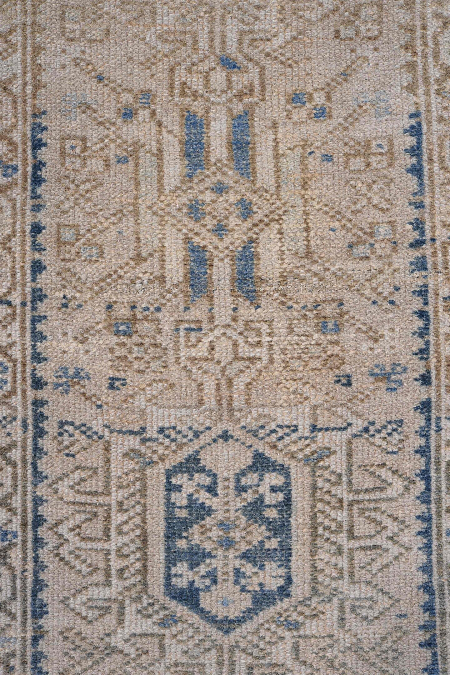 1' x 5' one-of-a-kind handmade antique Karaje small size rug. Color palette: ivory, beige, sky blue, taupe, camel