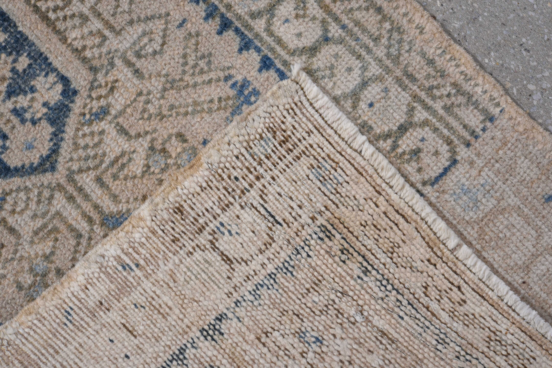 1' x 5' one-of-a-kind handmade antique Karaje small size rug. Color palette: ivory, beige, sky blue, taupe, camel