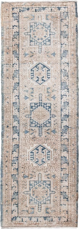 1' x 5' one-of-a-kind handmade antique Karaje small size rug. Color palette: ivory, beige, slate, taupe, camel, gray