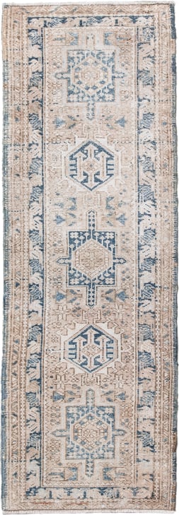 1' x 5' one-of-a-kind handmade antique Karaje small size rug. Color palette: ivory, beige, slate, taupe, camel, gray