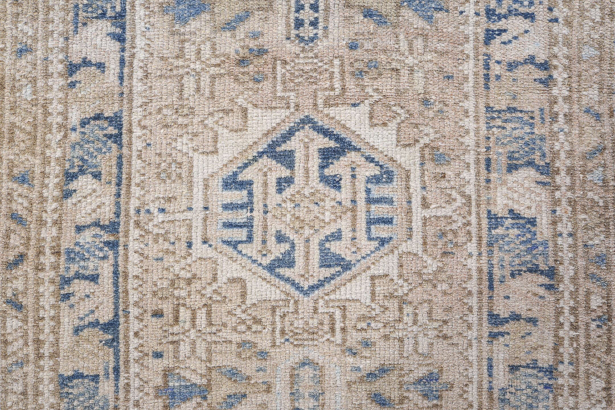 1' x 5' one-of-a-kind handmade antique Karaje small size rug. Color palette: ivory, beige, slate, taupe, camel, gray