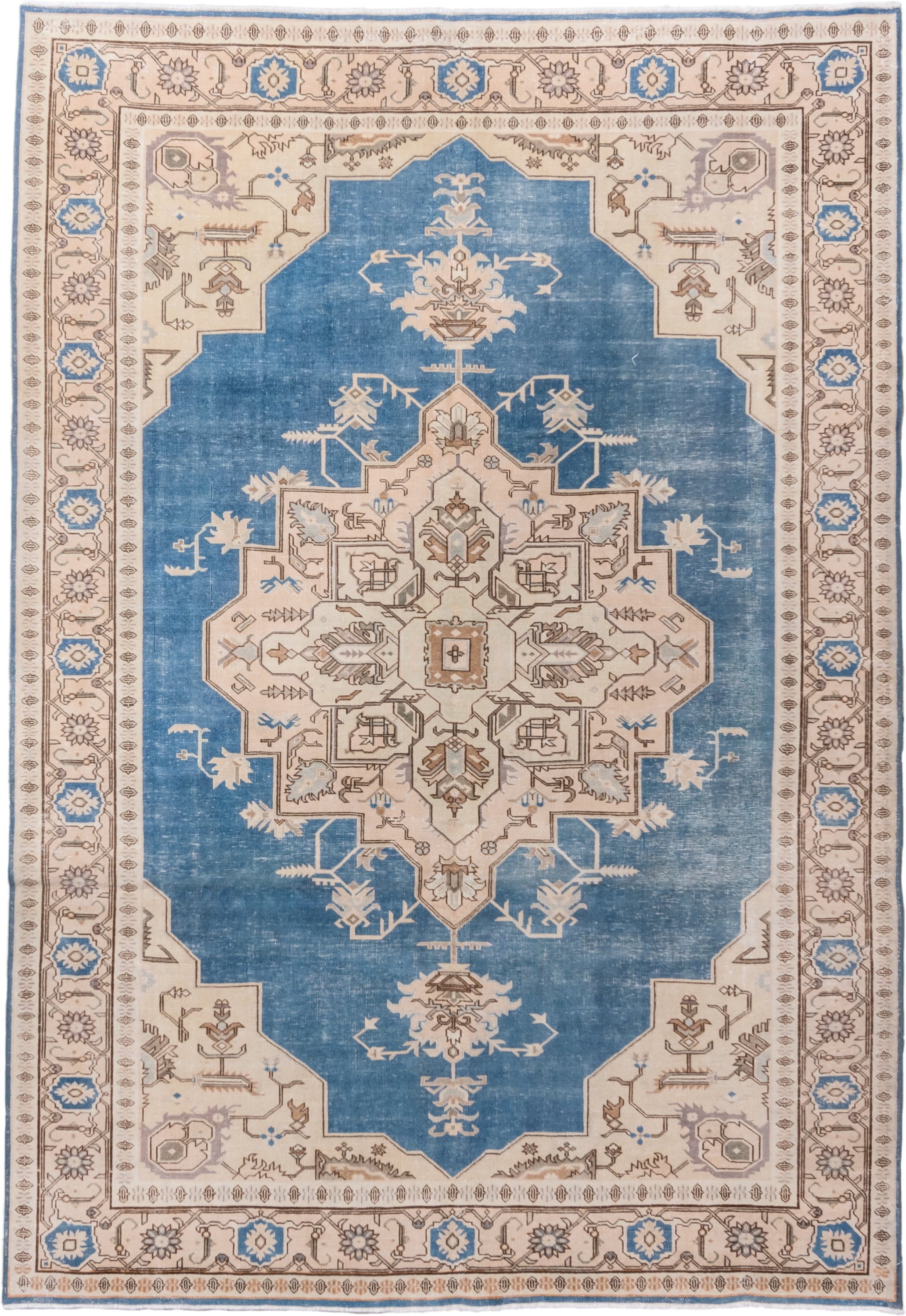 6' x 9' one-of-a-kind handmade vintage Sivas medium size rug. Color palette: sky blue, ivory, taupe, beige, camel, slate
