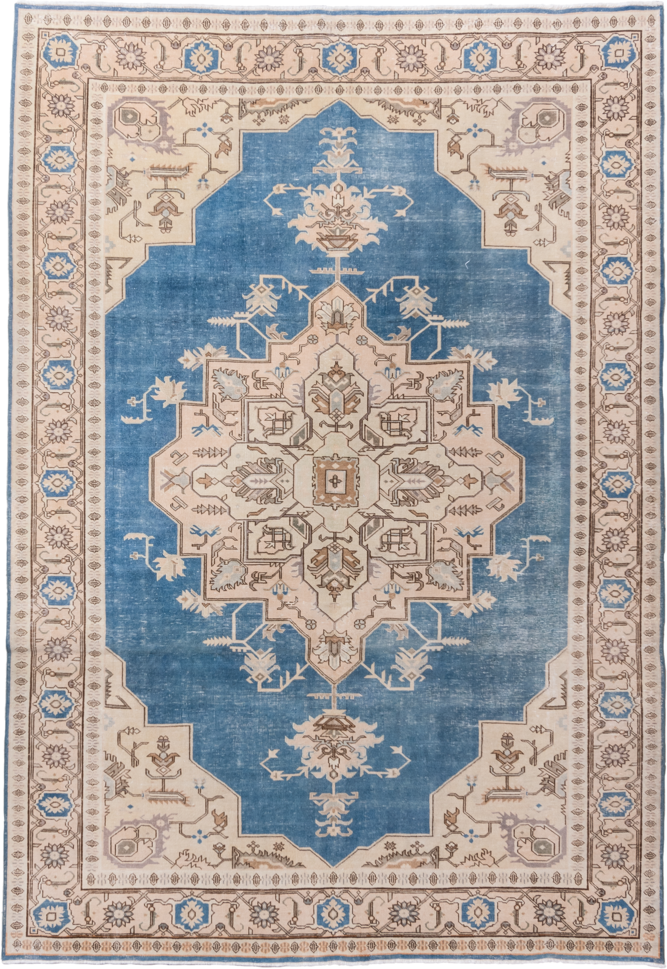 6' x 9' one-of-a-kind handmade vintage Sivas medium size rug. Color palette: sky blue, ivory, taupe, beige, camel, slate