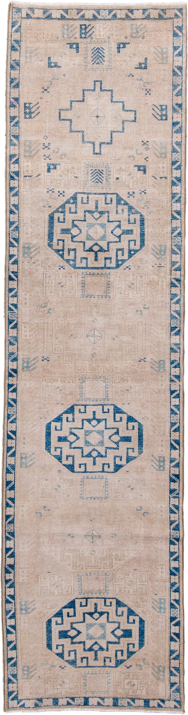 2' x 10' one-of-a-kind handmade antique Sarab runner rug. Color palette: ivory, blue, beige, camel, taupe, gray