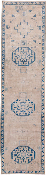 2' x 10' one-of-a-kind handmade antique Sarab runner rug. Color palette: ivory, blue, beige, camel, taupe, gray