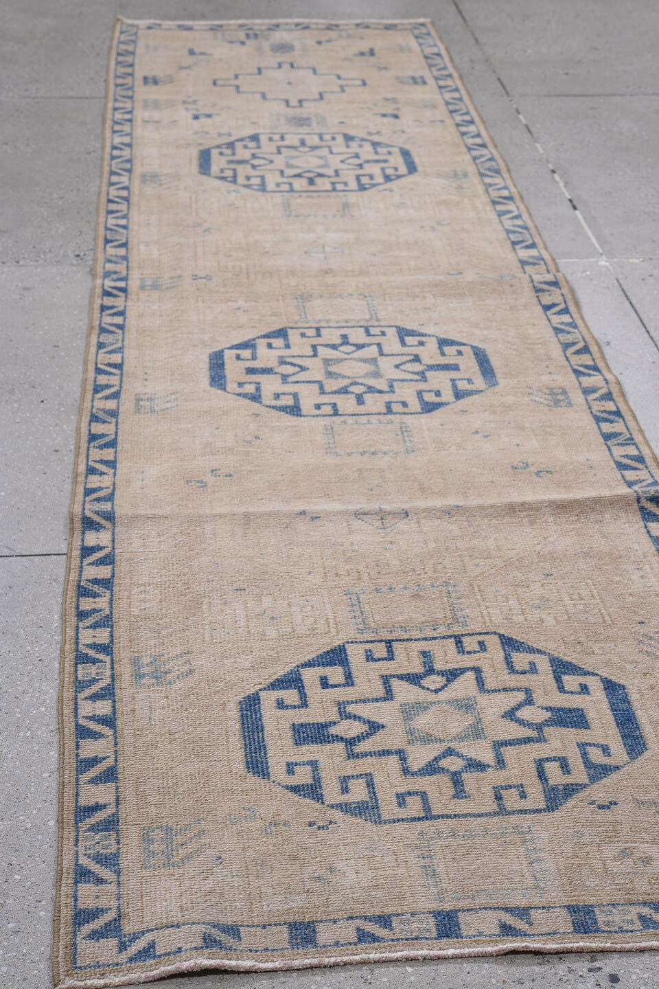 2' x 10' one-of-a-kind handmade antique Sarab runner rug. Color palette: ivory, blue, beige, camel, taupe, gray