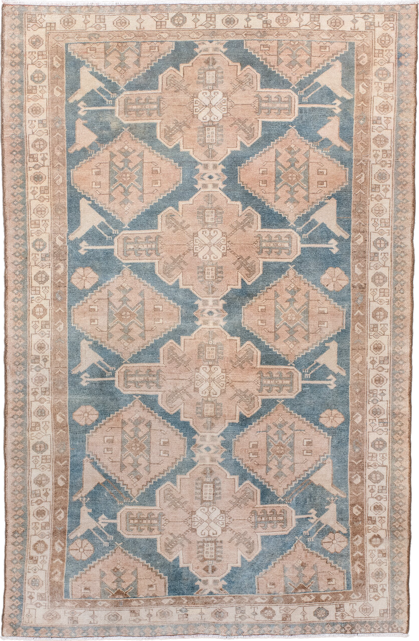 4' x 6' one-of-a-kind handmade antique Malayer small size rug. Color palette: blue, ivory, taupe, beige, brown, blush, gray