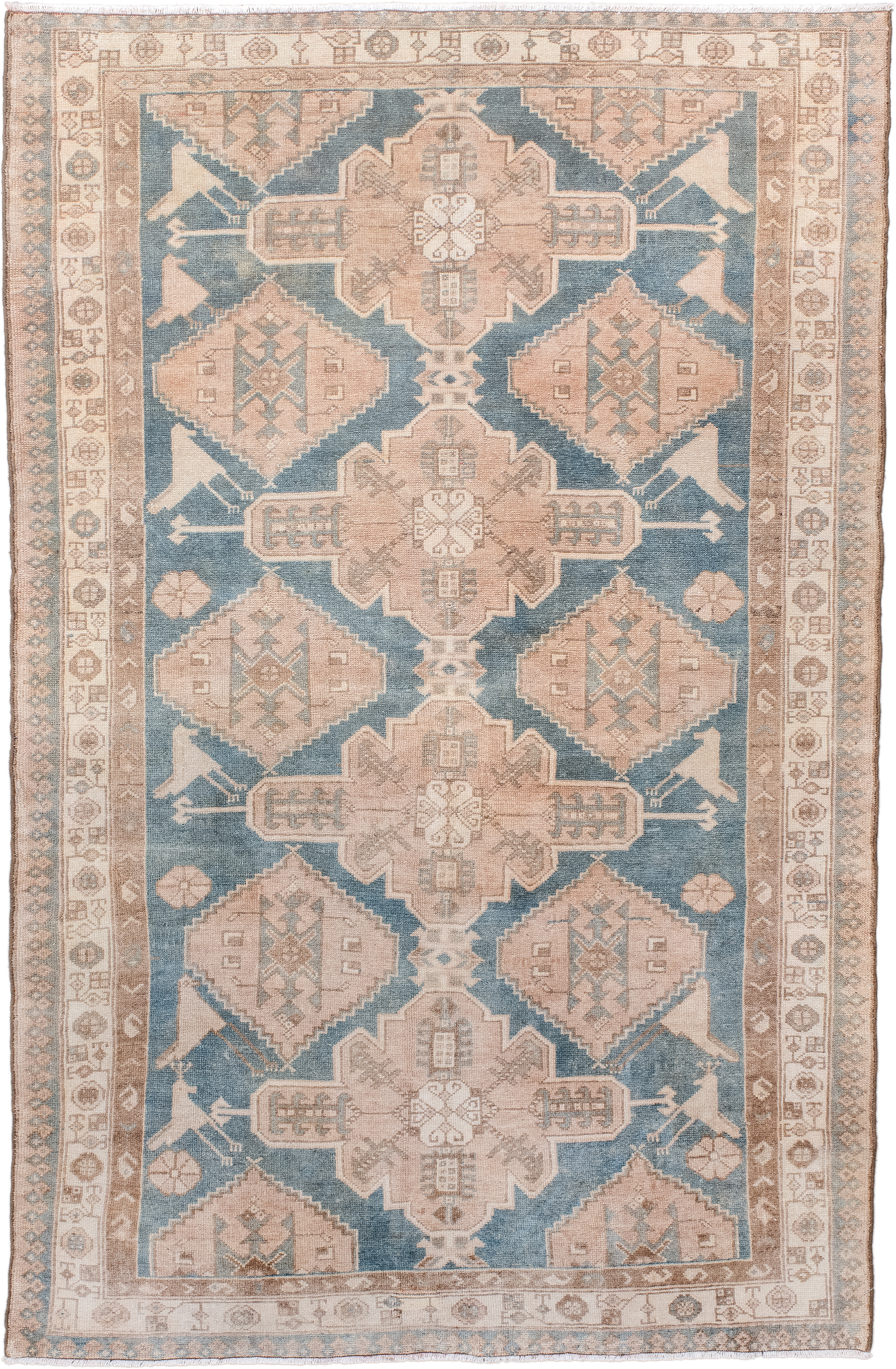 4' x 6' one-of-a-kind handmade antique Malayer small size rug. Color palette: blue, ivory, taupe, beige, brown, blush, gray