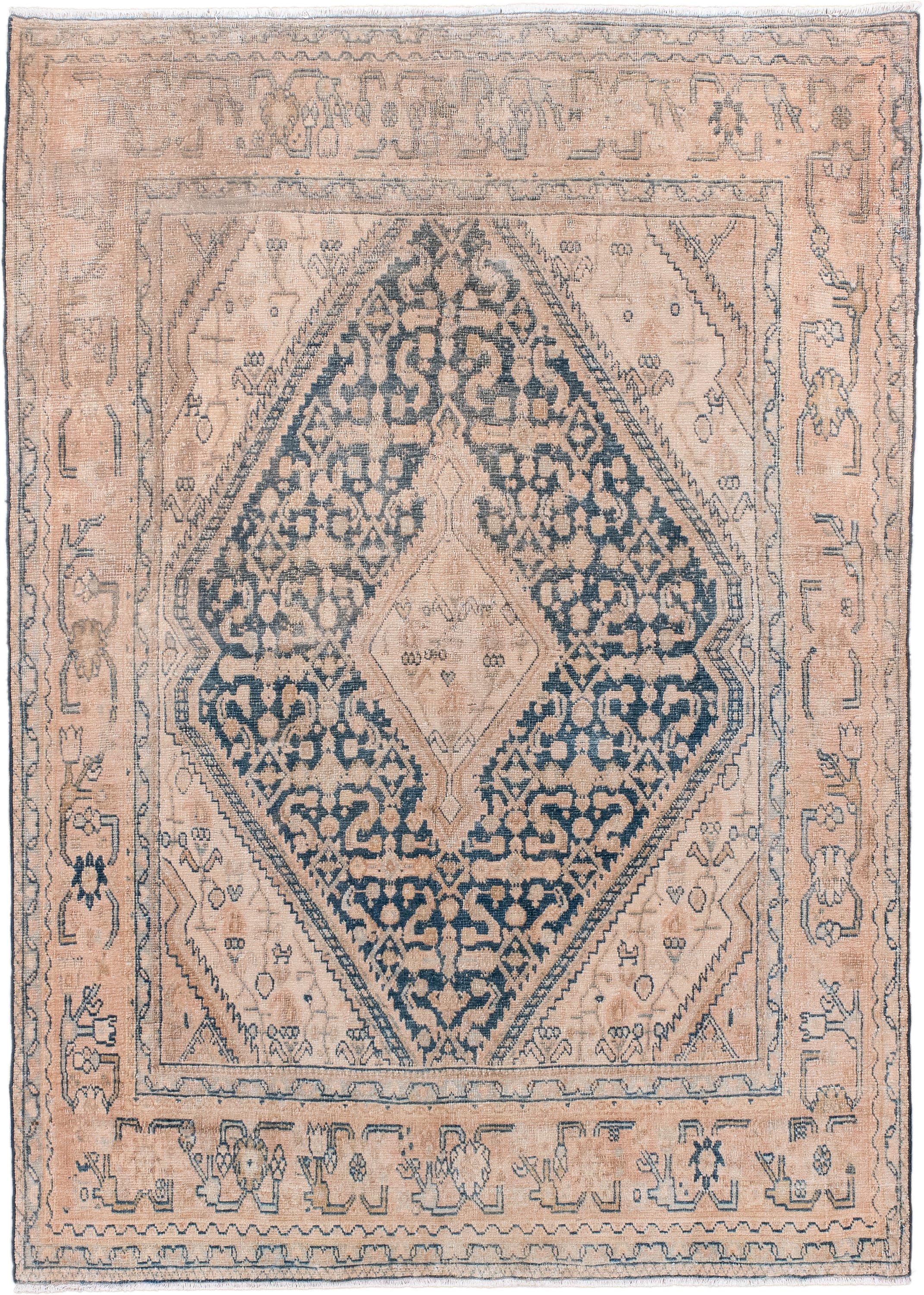 3' x 5' one-of-a-kind handmade antique Tabriz small size rug. Color palette: blush, peach, denim, ivory, taupe, pink