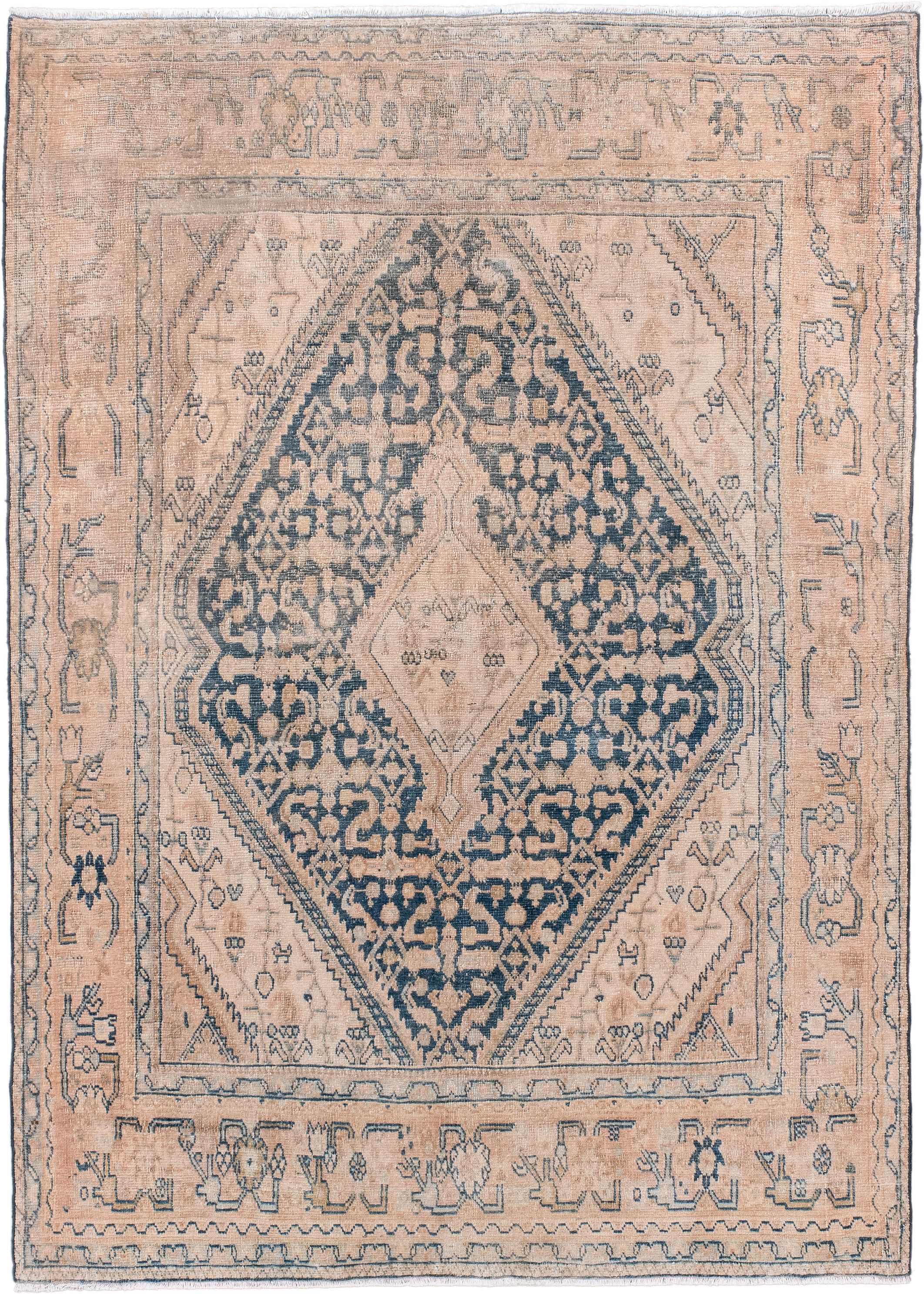3' x 5' one-of-a-kind handmade antique Tabriz small size rug. Color palette: blush, peach, denim, ivory, taupe, pink
