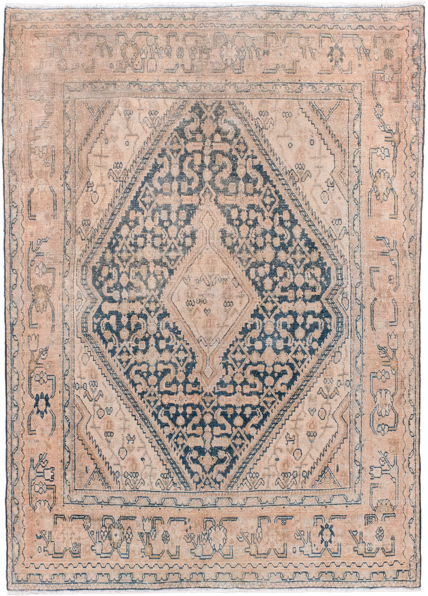 3' x 5' one-of-a-kind handmade antique Tabriz small size rug. Color palette: blush, peach, denim, ivory, taupe, pink