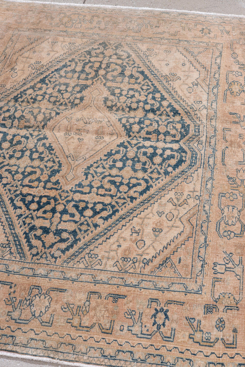 3' x 5' one-of-a-kind handmade antique Tabriz small size rug. Color palette: blush, peach, denim, ivory, taupe, pink