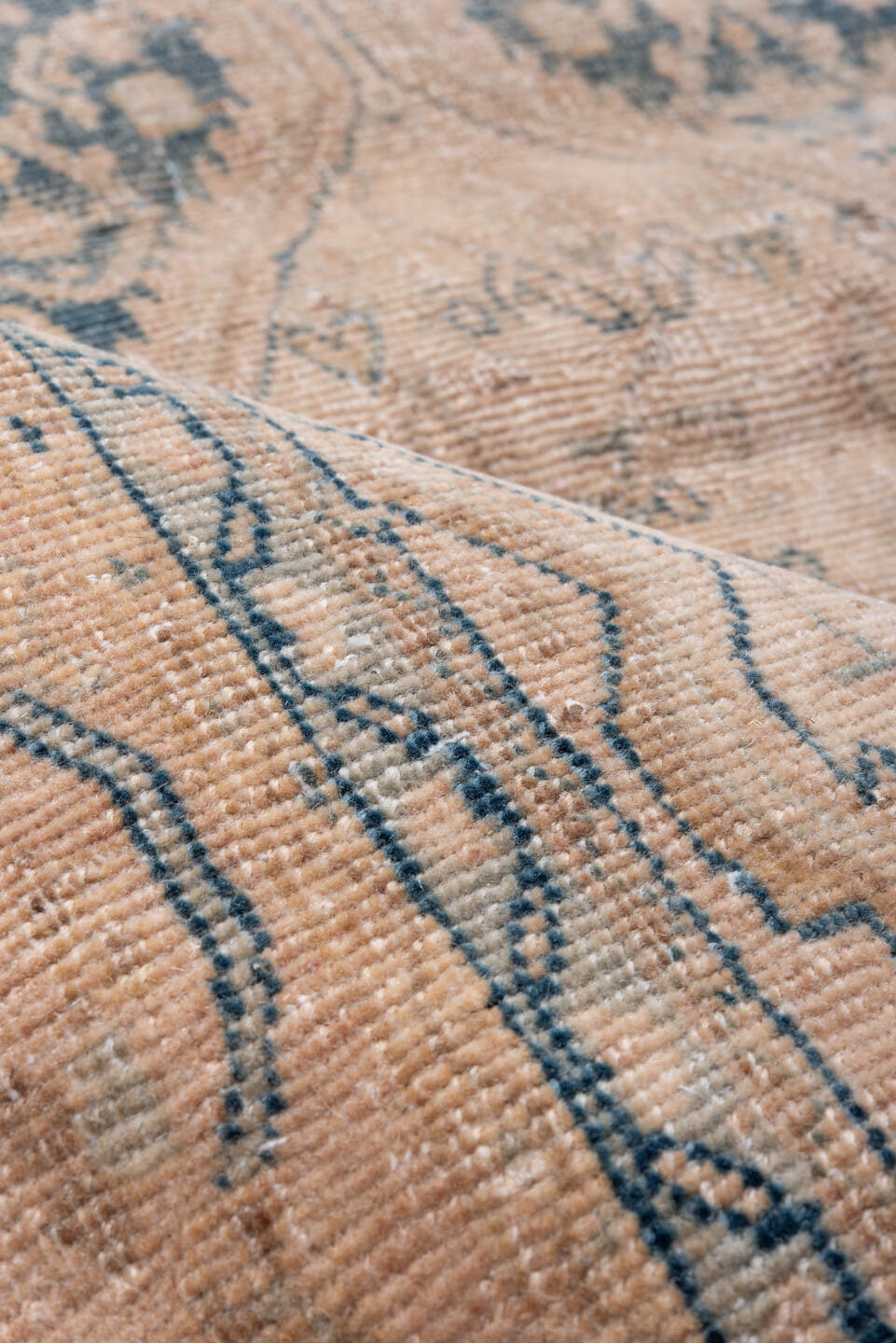 3' x 5' one-of-a-kind handmade antique Tabriz small size rug. Color palette: blush, peach, denim, ivory, taupe, pink
