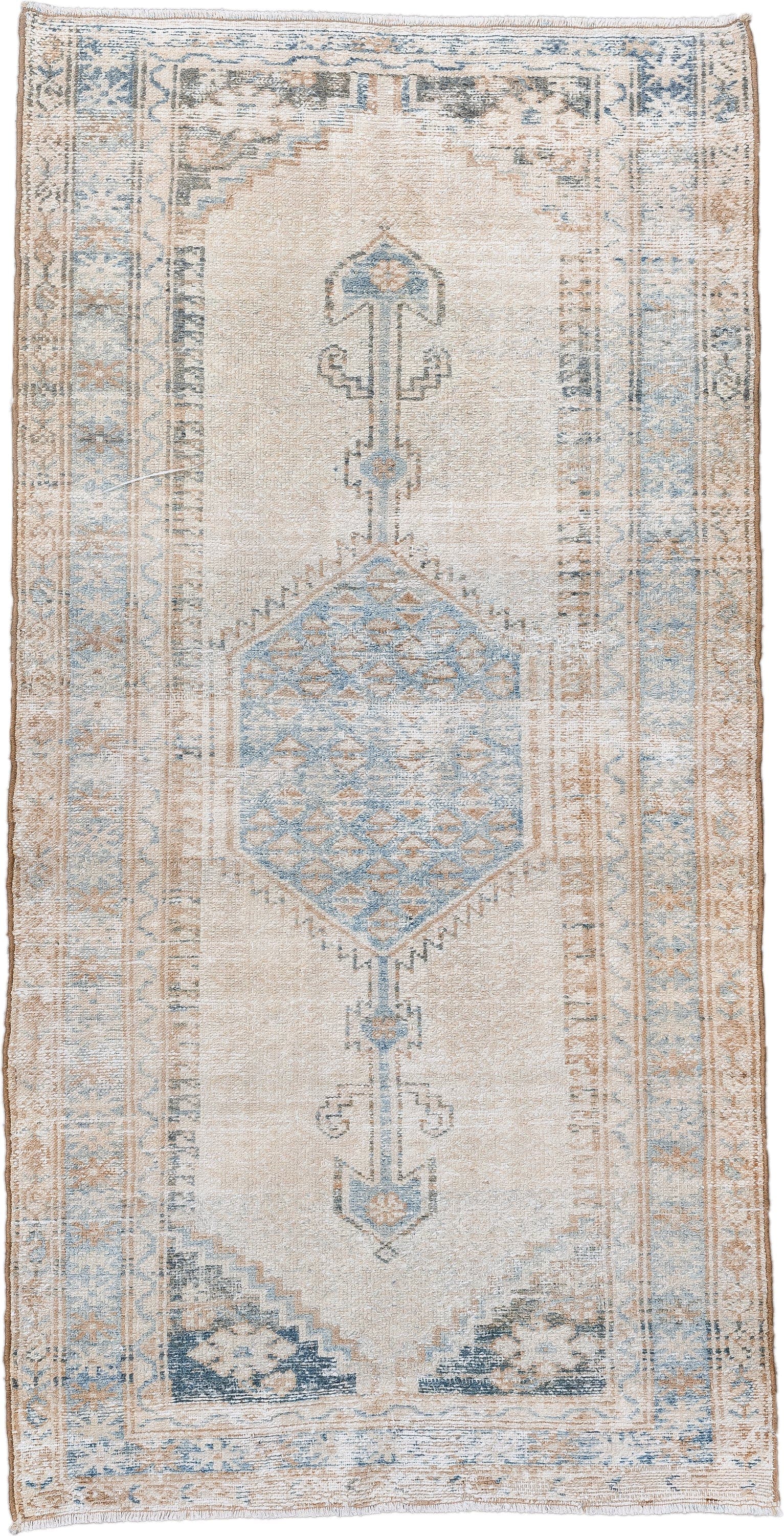 3' x 6' one-of-a-kind handmade vintage Hamadan runner rug. Color palette: ivory, light blue, beige, taupe, slate, gray