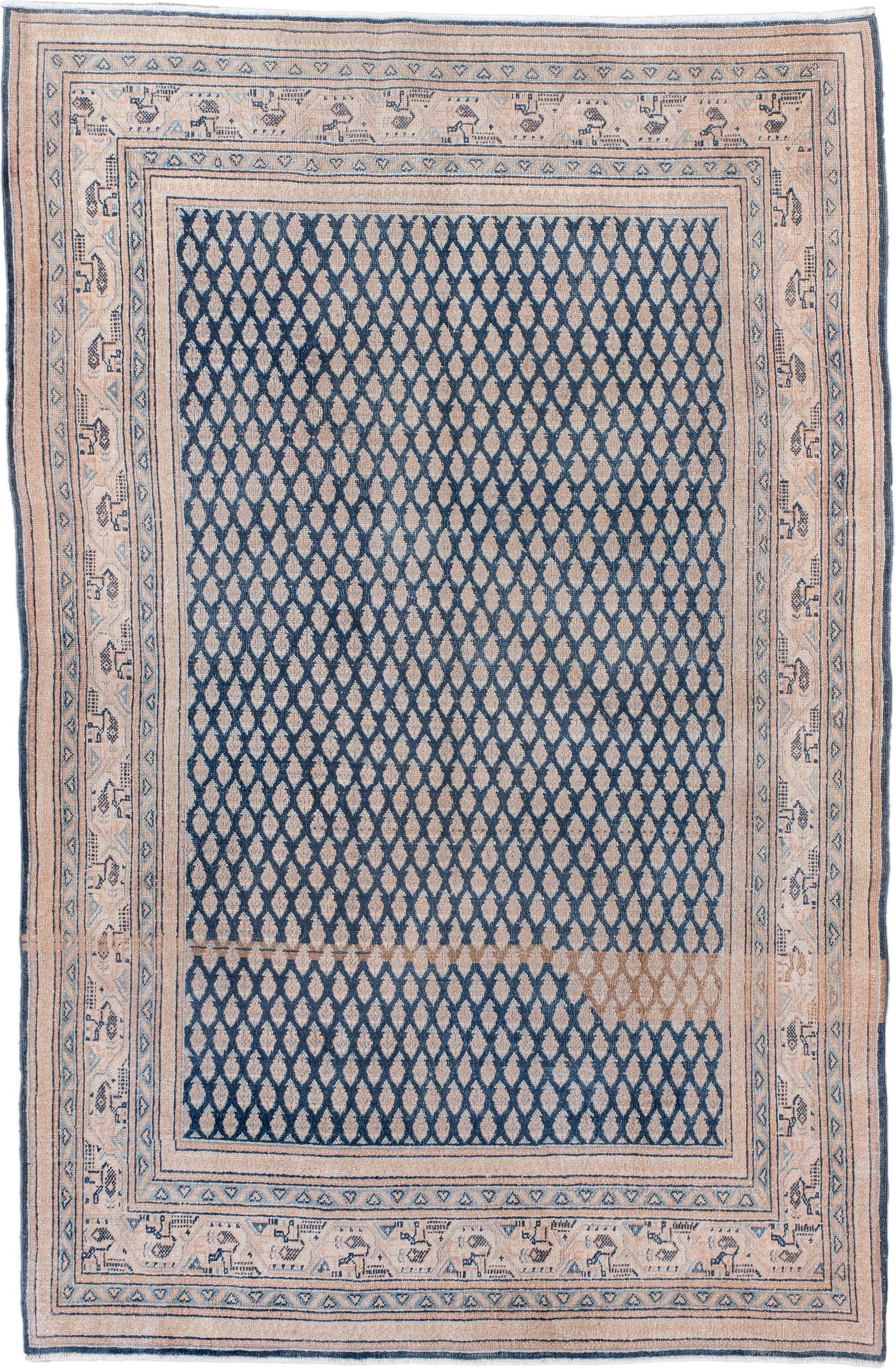 4' x 6' one-of-a-kind handmade vintage Saraband small size rug. Color palette: ivory, blue, slate, taupe, camel, gray, beige