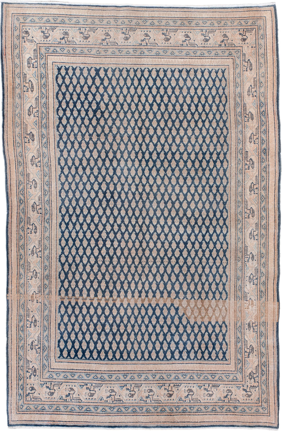 4' x 6' one-of-a-kind handmade vintage Saraband small size rug. Color palette: ivory, blue, slate, taupe, camel, gray, beige