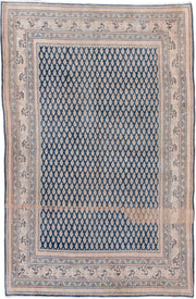 4' x 6' one-of-a-kind handmade vintage Saraband small size rug. Color palette: ivory, blue, slate, taupe, camel, gray, beige